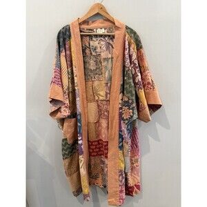 POL Patchwork Kimono Duster Robe Peach Multi NEW Boho Hippie Cotton Festival M/L